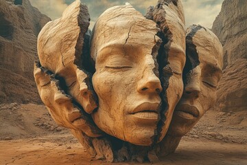 A fragmented stone sculpture of three faces, weathered and serene, rests in a desolate desert landscape.