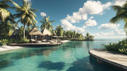 Tropical beach bungalows, turquoise water, palm trees, sunny day.