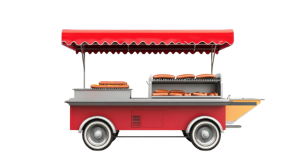 A Vibrant Hot Dog Cart Featuring a Red Canopy Ideal for Outdoor Events, Food Festivals, and Street Vendors Appealing to Food Lovers.