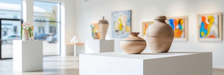 A modern gallery showcasing ceramic pots and colorful paintings, providing an artistic atmosphere with natural light.