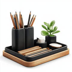 stylish desk organizer with pens, pencils, and plant. Perfect for workspace!