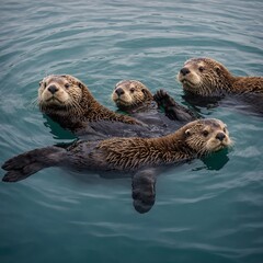 A family of sea otters floating on their backs, holding hands, in a calm, reflective sea.