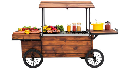 Detailed Image of a Hotdog Cart Featuring Condiments and a Warm Grill, Ideal for Foodie Blogs and Street Food Promotions.