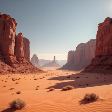 Descubre la majestuosidad del desierto con sus imponentes formaciones rocosas al amanece
