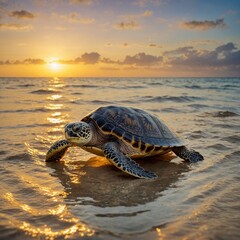 A sea turtle hatching from an egg and swimming toward the open sea under a golden sunrise.