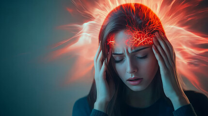 Woman experiencing severe headache with brain highlighted in red