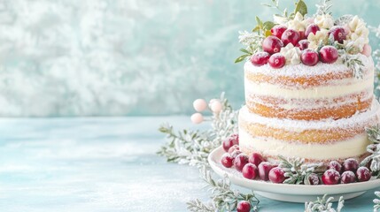 A frosted naked cake topped with cranberries, white flowers, and greenery, creating a rustic yet elegant winter dessert centerpiece.