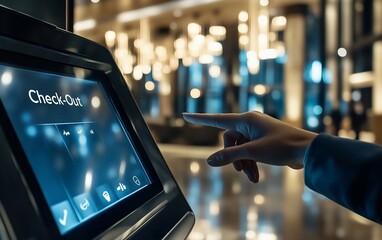 A hand interacting with a digital check-out kiosk in a modern hotel lobby.