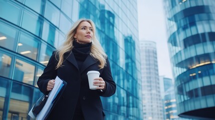 Fototapeta premium A blonde woman in a black coat holds coffee and files while walking confidently among modern glass skyscrapers, symbolizing ambition.
