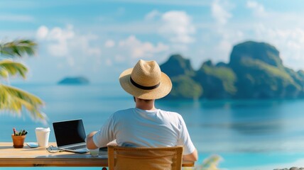 Fototapeta premium A person works on a laptop at a scenic beach, enjoying a tranquil view of the ocean and distant islands.