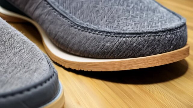 This video zooms in on gray wool slip-ons with memory foam insoles and flexible outsoles against bamboo flooring, focusing on the textured wool upper and comfort features