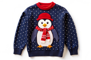 Child's Navy Blue Penguin Christmas Sweater with Red Hat and Scarf