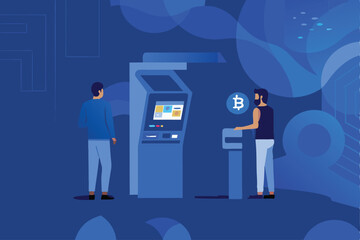 Create a vector illustration of a modern, sleek cryptocurrency ATM interface, highlighting its user-friendly design and security features.  Include realistic details and vibrant colors.