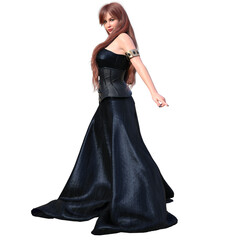 Naklejka premium 3d rendered fantasy female character with a long black dress and a corset isolated on transparent background