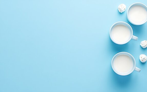 Three mugs of milk and meringue cookies on a blue background.