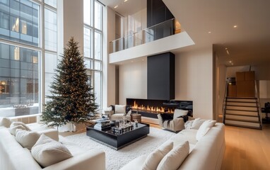 Obraz premium Urban modern interior with sharp lines, a statement Christmas tree in black and silver, and a sleek fireplace