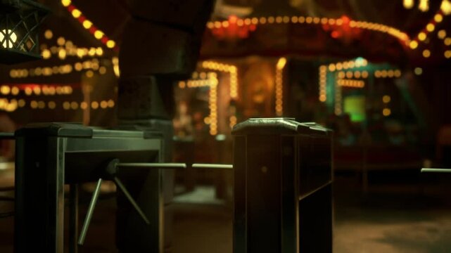 An amusement park sits silent under the night sky, illuminated by colorful lights. Abandoned rides stand still, creating an eerie yet captivating atmosphere, perfect for nighttime exploration.