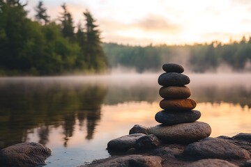 Pyramid of stones for meditation lying on sea coast