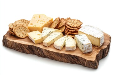Assortment of cheeses, including brie, blue cheese, and Swiss, served with crackers on a wooden board.