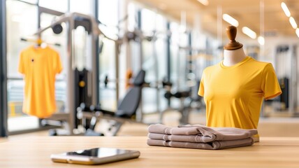 Fototapeta premium A bright gym interior showcases fitness apparel, featuring a yellow top on a mannequin and folded shirts on a table, with gym equipment in the background.