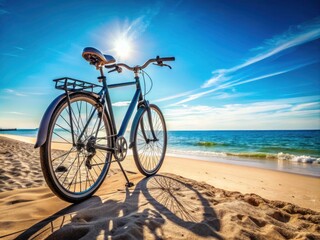 Fototapeta premium Beach Bike Rack Photos: Sandy Shore Cycling Storage, Bicycle Rack on Beach, Coastal Bike Transport, Oceanfront Bike Parking, Summer Beach Cycling