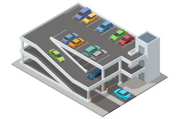 Isometric multi-level parking garage filled with various colored cars. The detailed building has ramps, parking spots, and surrounding greenery