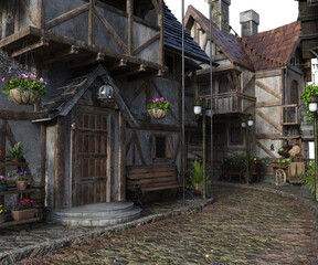 3D rendered medieval town as a backdrop isolated on transparent background