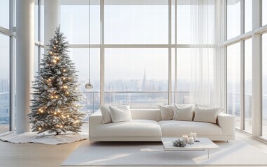 Obraz premium A bright open living room with floor-to-ceiling windows, a minimalist white sofa, and a frosted Christmas tree glowing with warm lights