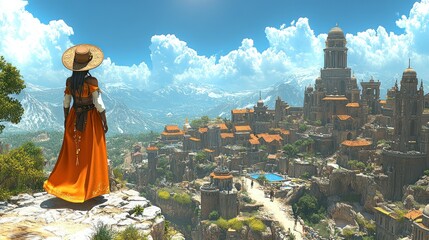 Fototapeta premium A figure gazes over a vibrant, mountainous cityscape.