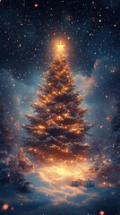 abstract christmas tree Starlit Christmas Tree with Decorated Gifts in a Snowy Night