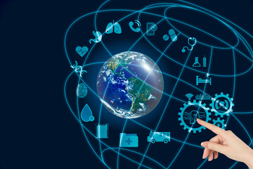 Female fingers pointing to AI, a future health technology and icons on blue background.