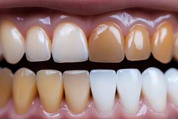 Close-up comparison of a woman's teeth, showcasing a dramatic whitening transformation.