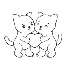 Happy Valentine's Day outline hand-drawn illustration with beige and grey adorable cartoon cats, hold big red heart while smiling lovingly, surrounded by small red hearts isolated on white background.