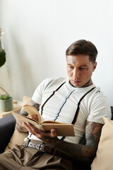 A young man with tattoos sits comfortably on a couch, engrossed in a book indoors.