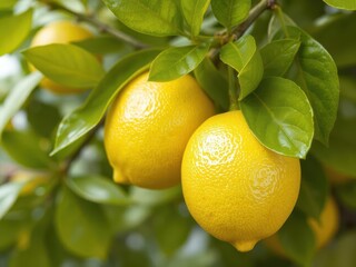 Bright yellow lemon with vibrant green leaves, glistening skin, vegetarian,healthy,vitamin c