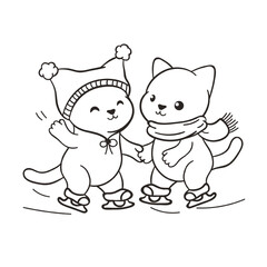 Happy Valentine's day outline illustration with two adorable kittens ice skating together, a gray cat with a red scarf and a beige cat with a red pom-pom hat. Cartoon cute art with hand drawn kitties