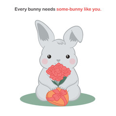 Happy Valentine's Day greeting card with hand drawn cute chubby bunny sitting on grass with a heart-shaped gift box and a bouquet of pink flowers. Cartoon poster with kawaii rabbit and romantic text