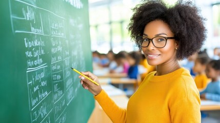 A smiling Black female teacher writes on a chalkboard in a classroom filled with students, symbolizing education and learning.