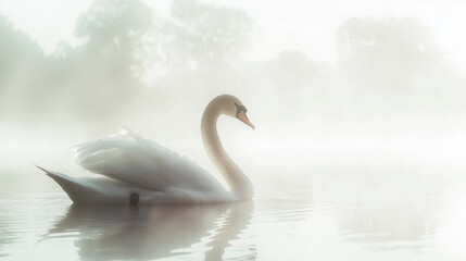 Fototapeta premium Trauernder Schwan im Nebel – Elegante Symbolik für Abschied und Gedenken
