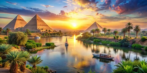 Fototapeta premium Ancient Egypt Nile River Landscape: Pharaohs, Pyramids, Desert Scenery, Sunrise, Oasis, Boats, Hieroglyphs, Gods, Mythology
