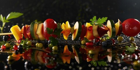 Vividly colored vegetables and fruits skewered for easy eating. Fresh, healthy appetizer suitable for parties or outdoor events.