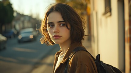 Fototapeta premium Thoughtful Young Woman with Short Hair Walking in Urban Environment