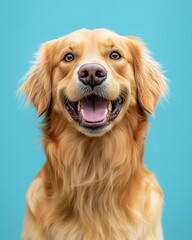 A cute golden retriever sitting upright with a playful expression, framed against a bright blue background