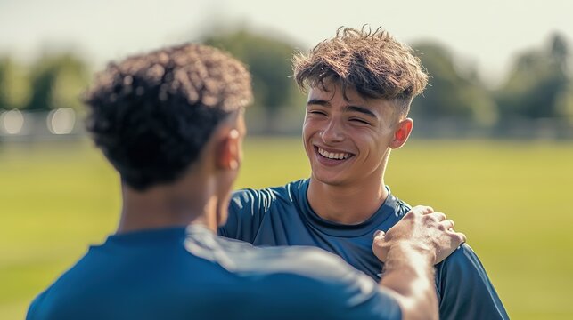 young athlete patting teammate on back smiling confidently