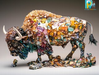 Artistic interpretation of a buffalo made from crystals studio setting sculpture colorful creative concept