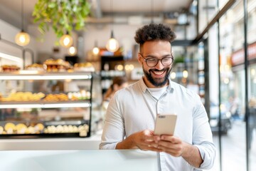 Fototapeta premium A joyful man smiles while using his smartphone in a cozy cafe filled with baked goods.