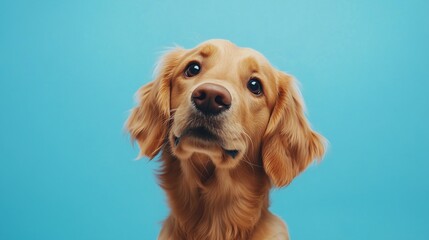 A cute golden retriever sitting upright with a playful expression, framed against a bright blue background