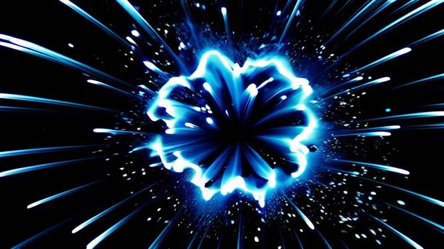 Animaci&oacute;n abstracta de vibrantes part&iacute;culas azules estallando en un efecto de fuegos artificiales sobre un fondo negro
