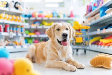 A playful golden retriever lies in a pet store aisle surrounded by colorful toys, showcasing a cheerful atmosphere for pets and their owners.