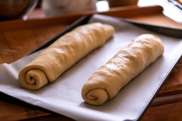 the process of making homemade pastries, dough, pie, stollen with different candied fruits. Stollen photo recipe. Step by step cooking process.
